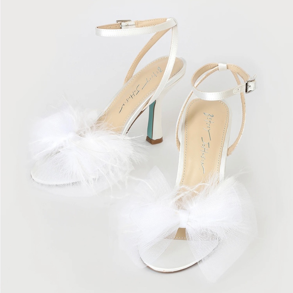 Betsey Johnson Lylla Ivory Satin Bow Feather High Heel Ankle Strap Sandals